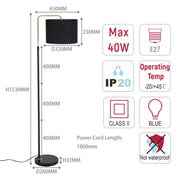 A tall floor lamp with a black shade, gold arm and black pole on a round base. Shows measurements and specifications.