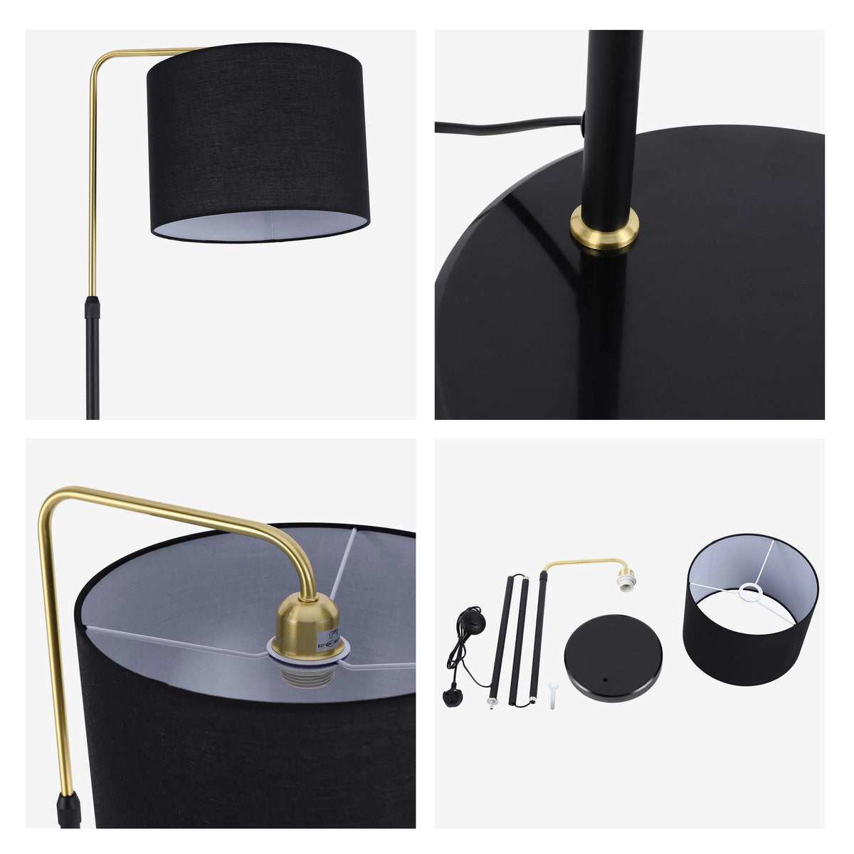 A black floor lamp with a brass arm and a black drum shade. It has a sleek, modern design perfect for adding ambient light to any space.