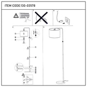 Assembly diagram of a floor lamp, showing the parts and order of assembly. Instructions shown as images and numbered 1-9.