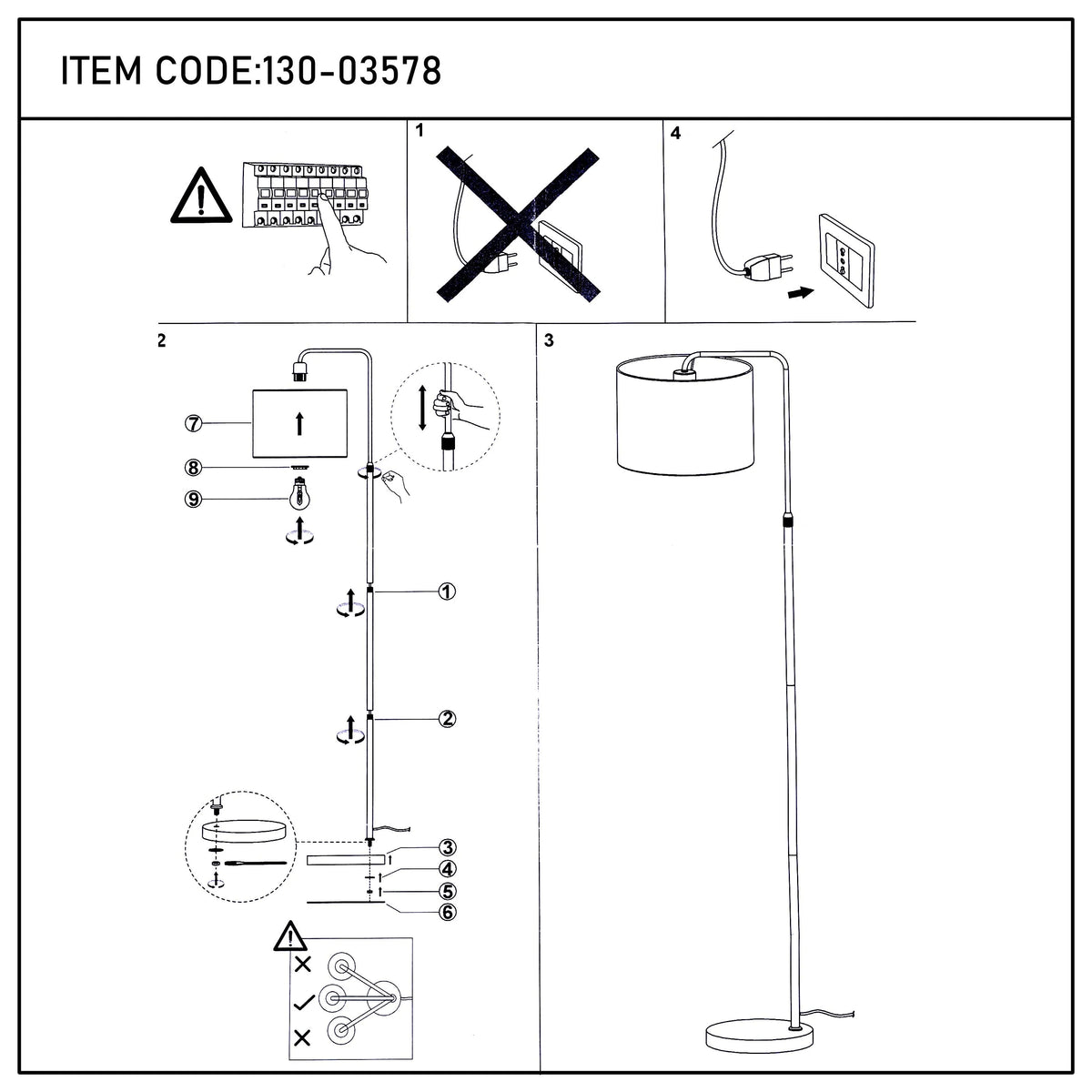 Assembly diagram of a floor lamp, showing the parts and order of assembly. Instructions shown as images and numbered 1-9.