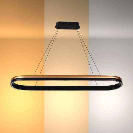 A black and bronze LED pendant light illuminating three different warm white hues.