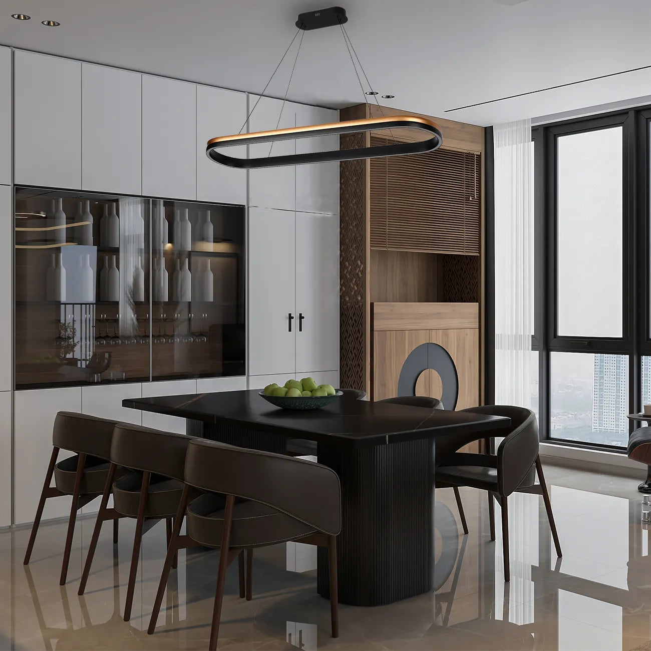 A contemporary dining room with a statement oval pendant light hanging above a sleek black dining table and chairs, casting a warm glow.