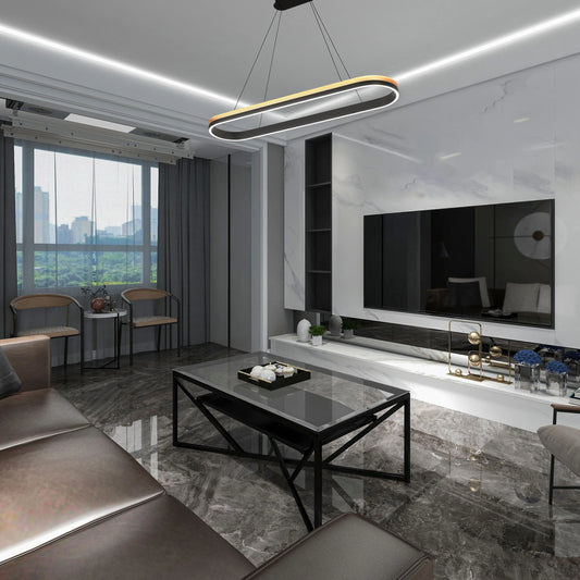 Modern living room with striking oval pendant light, and subtle recessed ceiling lights, creating a bright and stylish ambience.