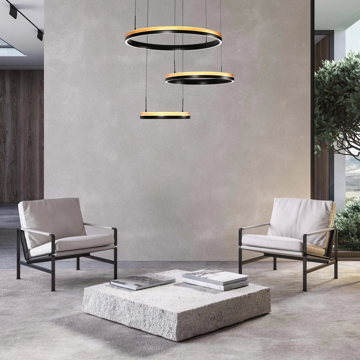 Contemporary room with stylish, circular pendant lights in black and wood finish, suspended above a stone coffee table.