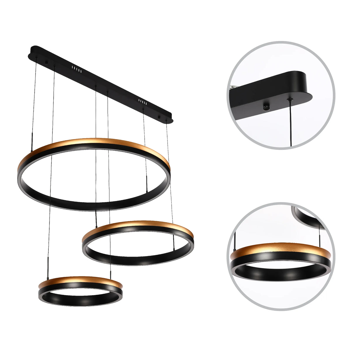 A modern black and gold multi-ring pendant light, suspended from a sleek black bar.