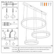A contemporary pendant light featuring three illuminated rings suspended at varying heights from a rectangular ceiling mount.