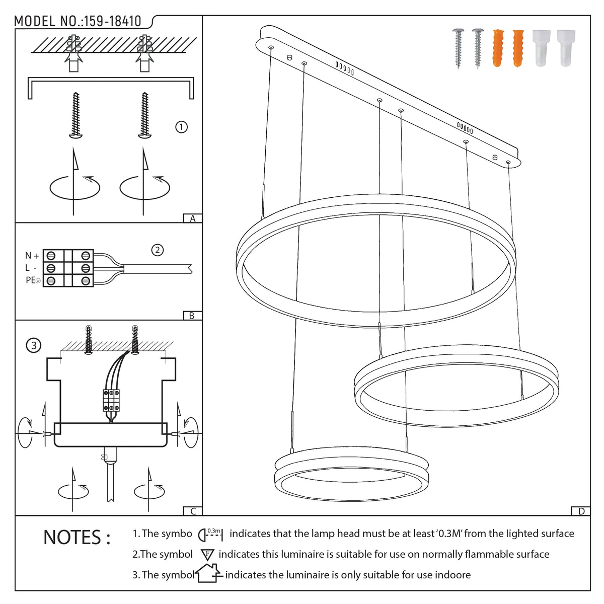 A contemporary pendant light featuring three illuminated rings suspended at varying heights from a rectangular ceiling mount.