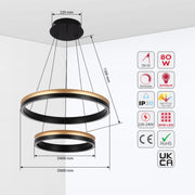 Contemporary ring pendant light in black and gold finish. Measurements and technical details are included.