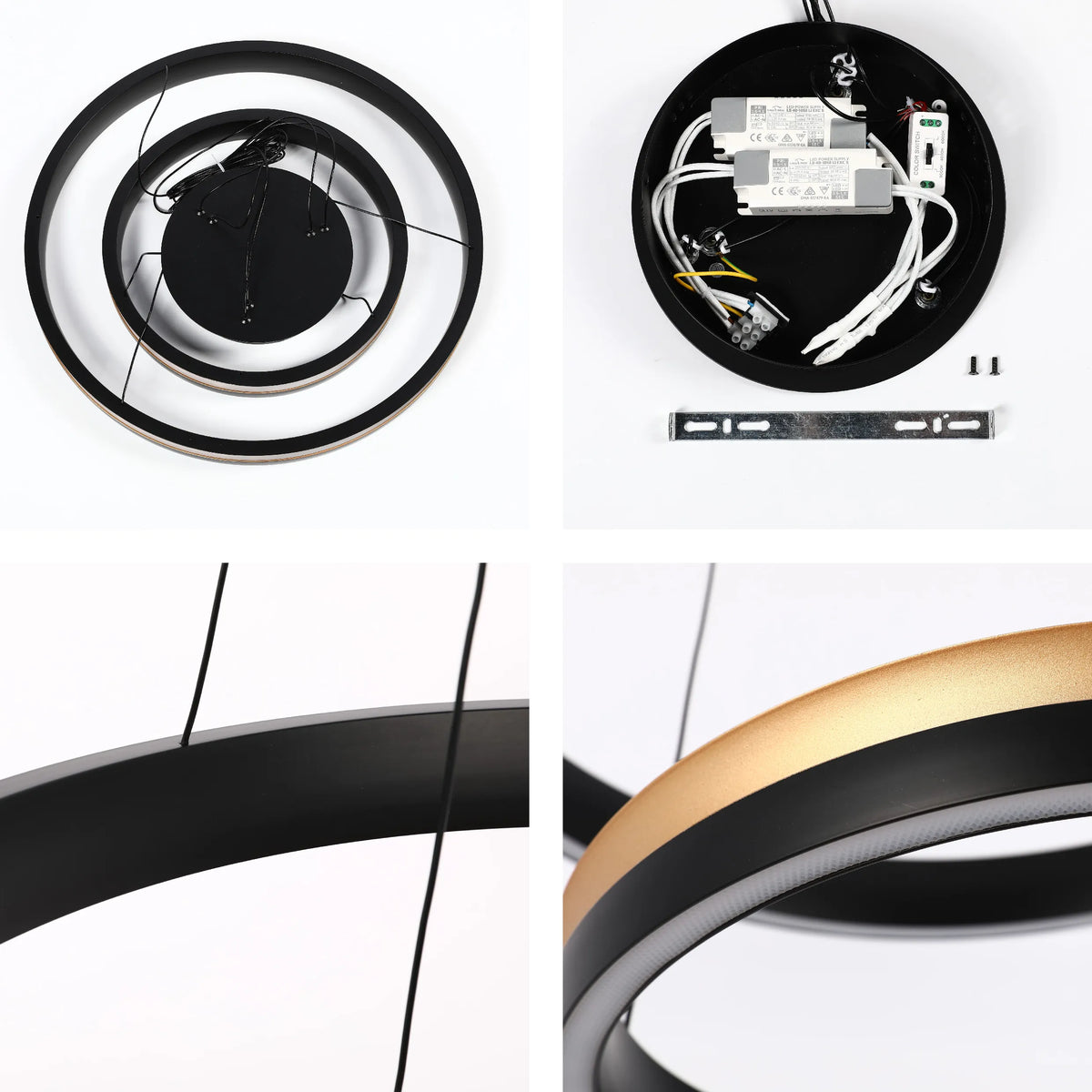 A modern, circular LED pendant light. Black and gold rings, with a colour temperature switch inside the ceiling rose.