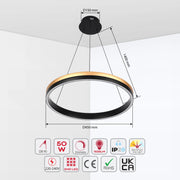A circular LED pendant light, gold on the outside and black on the inside.