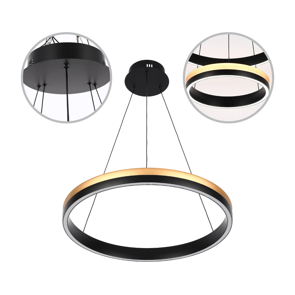 A modern circular pendant light with gold and black accents, suspended by thin cables. Sleek and contemporary design.