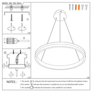 A circular pendant light is displayed in a technical diagram showing how to install the light and safety information.
