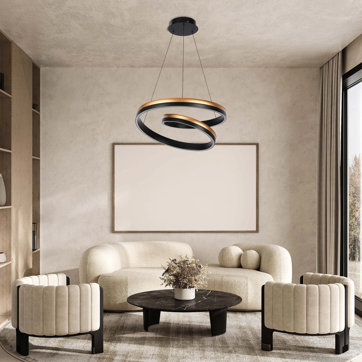 A modern ringed light fitting hangs over a cream lounge set in an elegant living room. The light is black and gold.