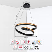 Modern, spiral LED ceiling light in black and gold. Dimmable with warm/cool light options.