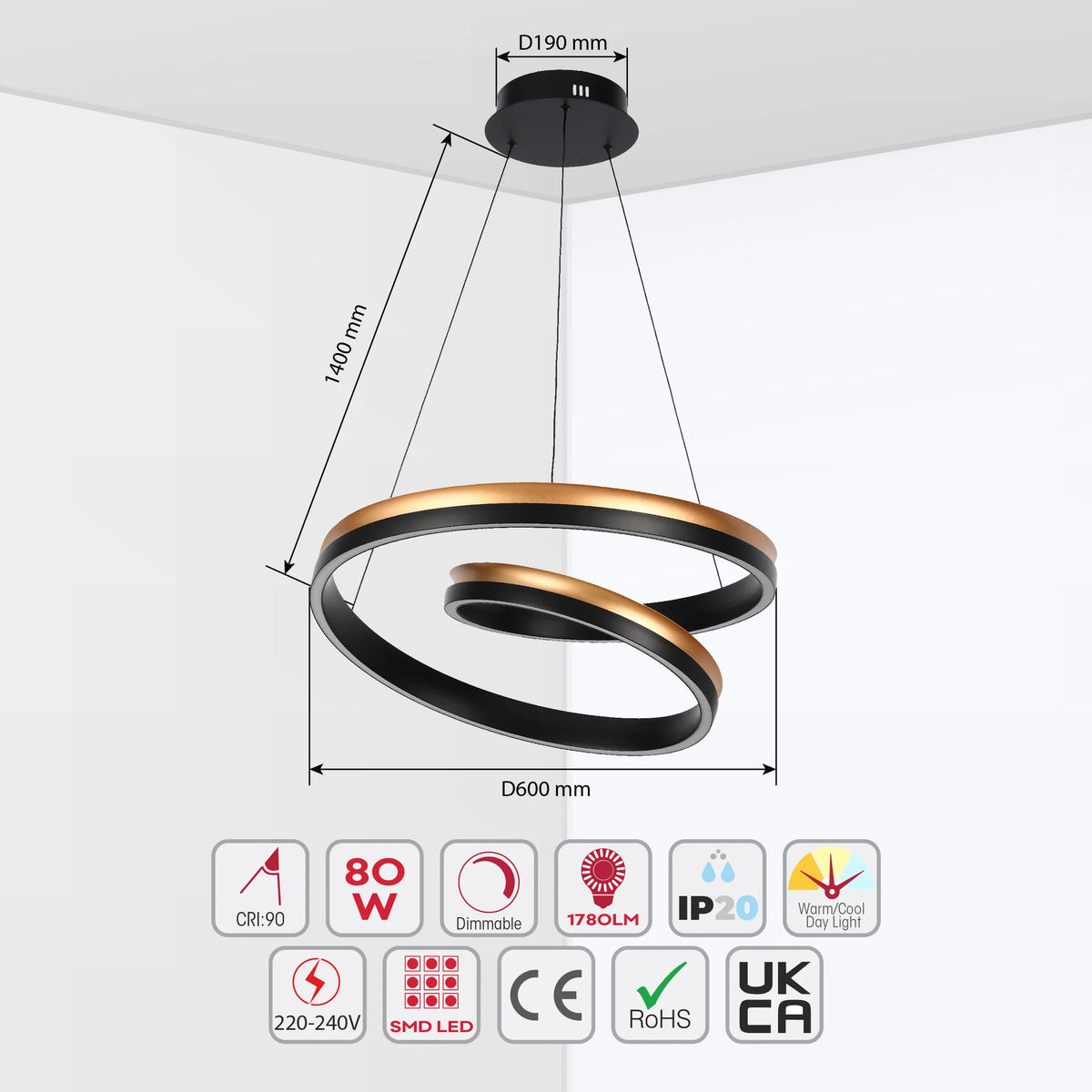 Modern, spiral LED ceiling light in black and gold. Dimmable with warm/cool light options.