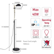 Black and gold floor lamp dimensions: H1480mm x D230mm.  Max 40W, E27 bulb. Not waterproof.