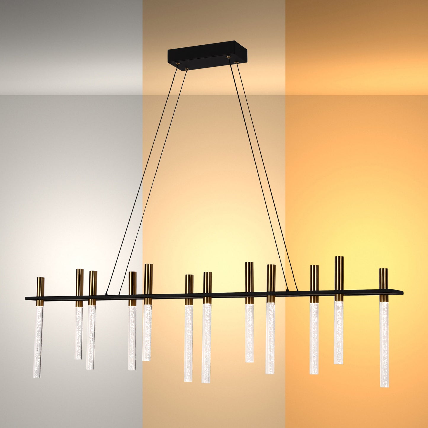Linear pendant light with glass rods. Black frame, gold accents. Shows warm to cool light output.