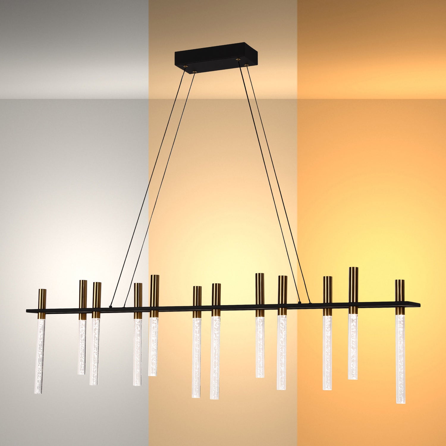 Linear pendant light with glass rods. Black frame, gold accents. Shows warm to cool light output.