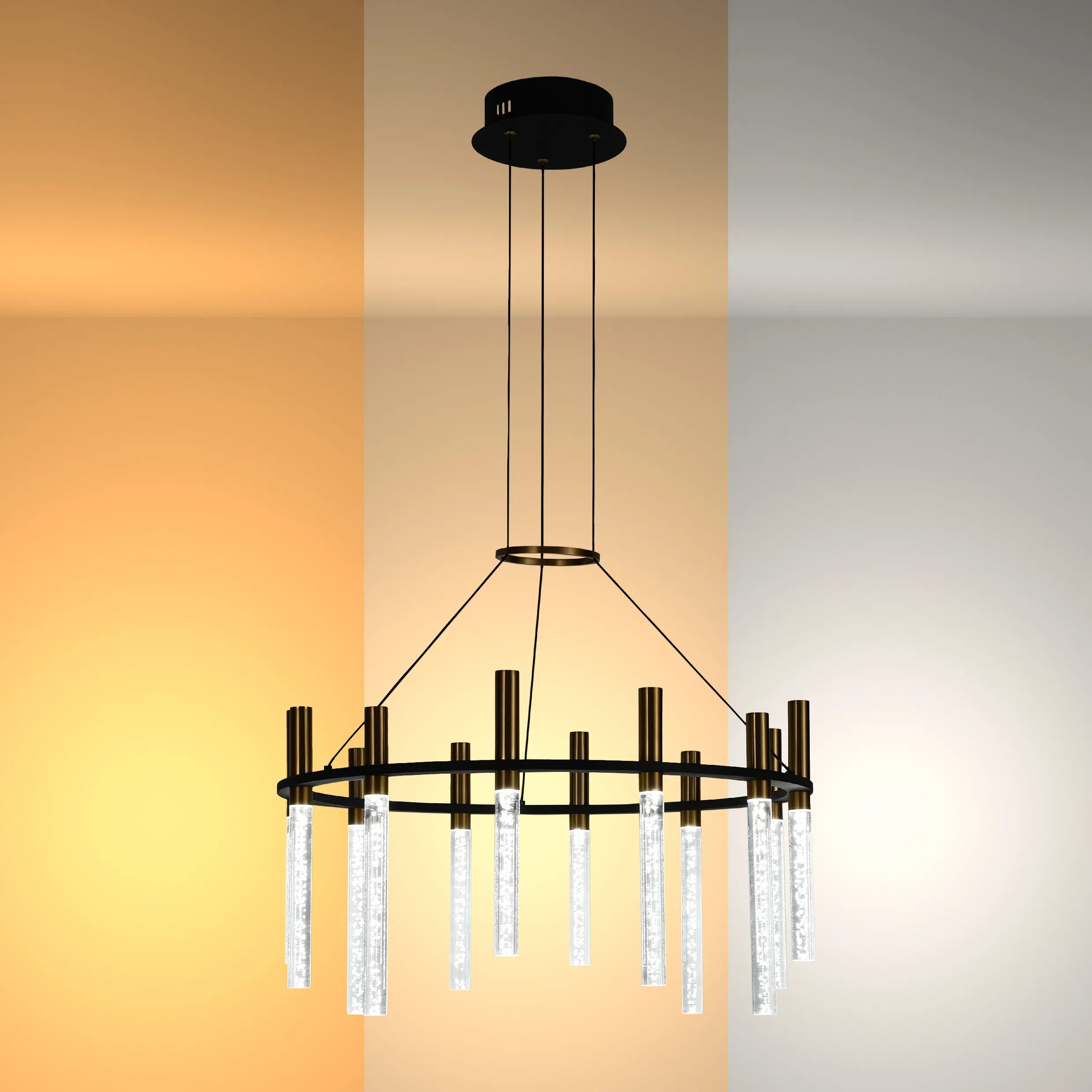 Black & Brass Modern Glass Tube Chandelier - Linear & Circular