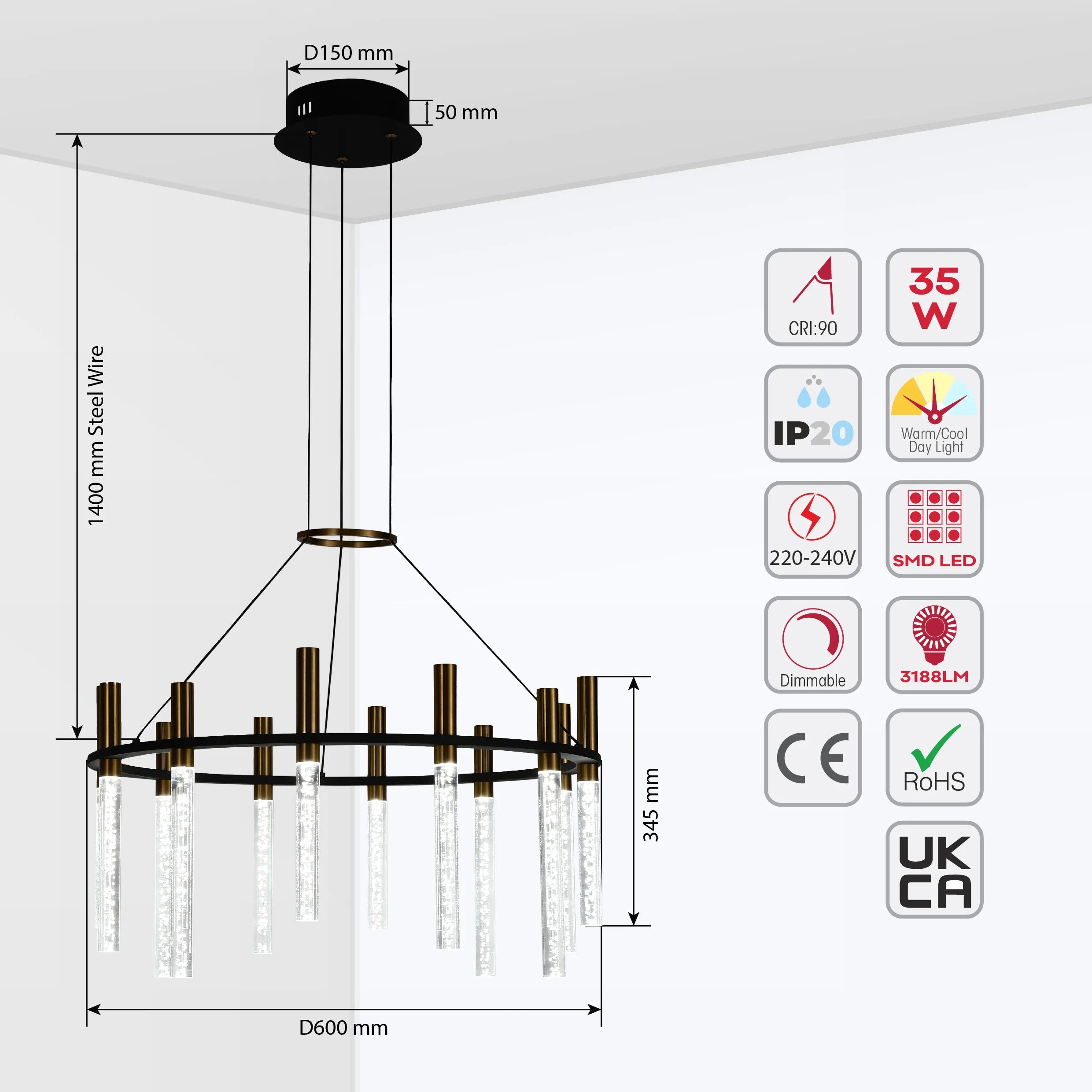 Black & Brass Modern Glass Tube Chandelier - Linear & Circular