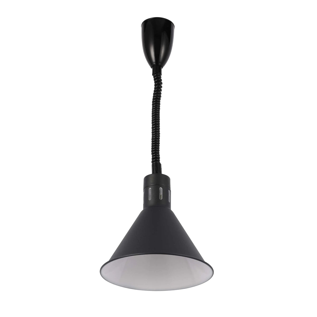 Black cone pendant light fixture with coiled neck for kitchen island or dining area.