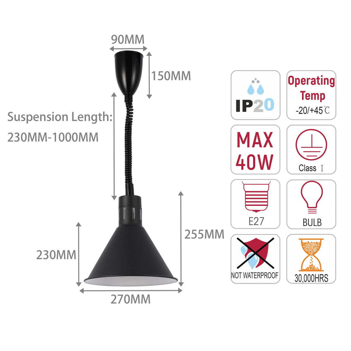 Black pendant light displaying dimensions, temp range, wattage and bulb type. Not waterproof, with 30,000 hour lifespan.