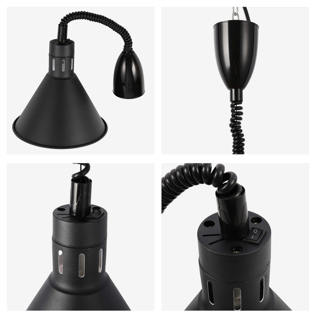 A sleek, matte black pendant lamp with a flexible gooseneck and an adjustable height mechanism for versatile illumination.