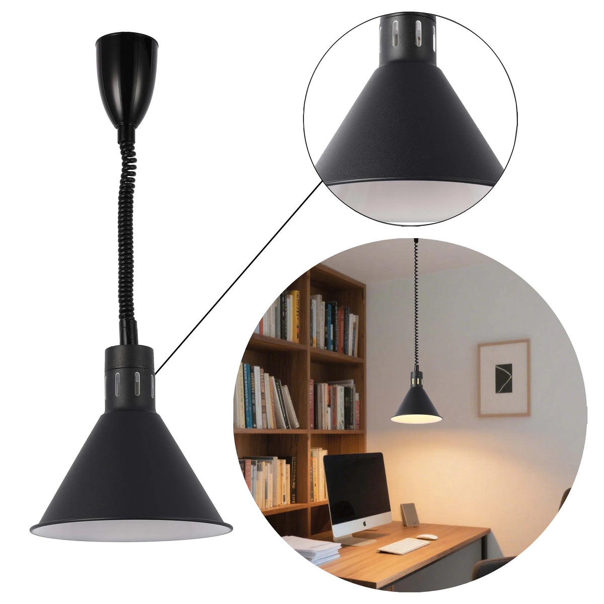 Contemporary black pendant light with flexible cable, ideal for desks or bedside lighting. Modern design for any room.