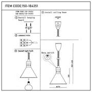 Pendant light installation guide; hanging board, wiring, bulb, and ceiling base depicted in steps.