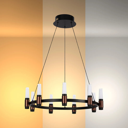 Contemporary black circular chandelier with cylindrical bulbs, displayed with varying light temperatures.