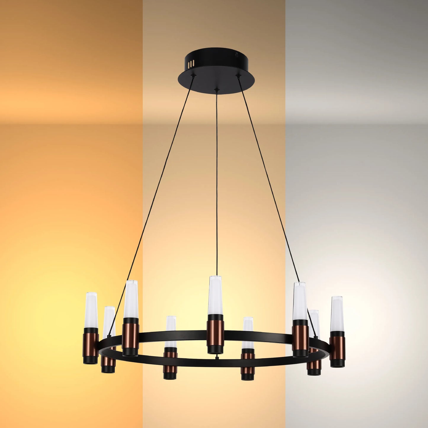 Contemporary black circular chandelier with cylindrical bulbs, displayed with varying light temperatures.