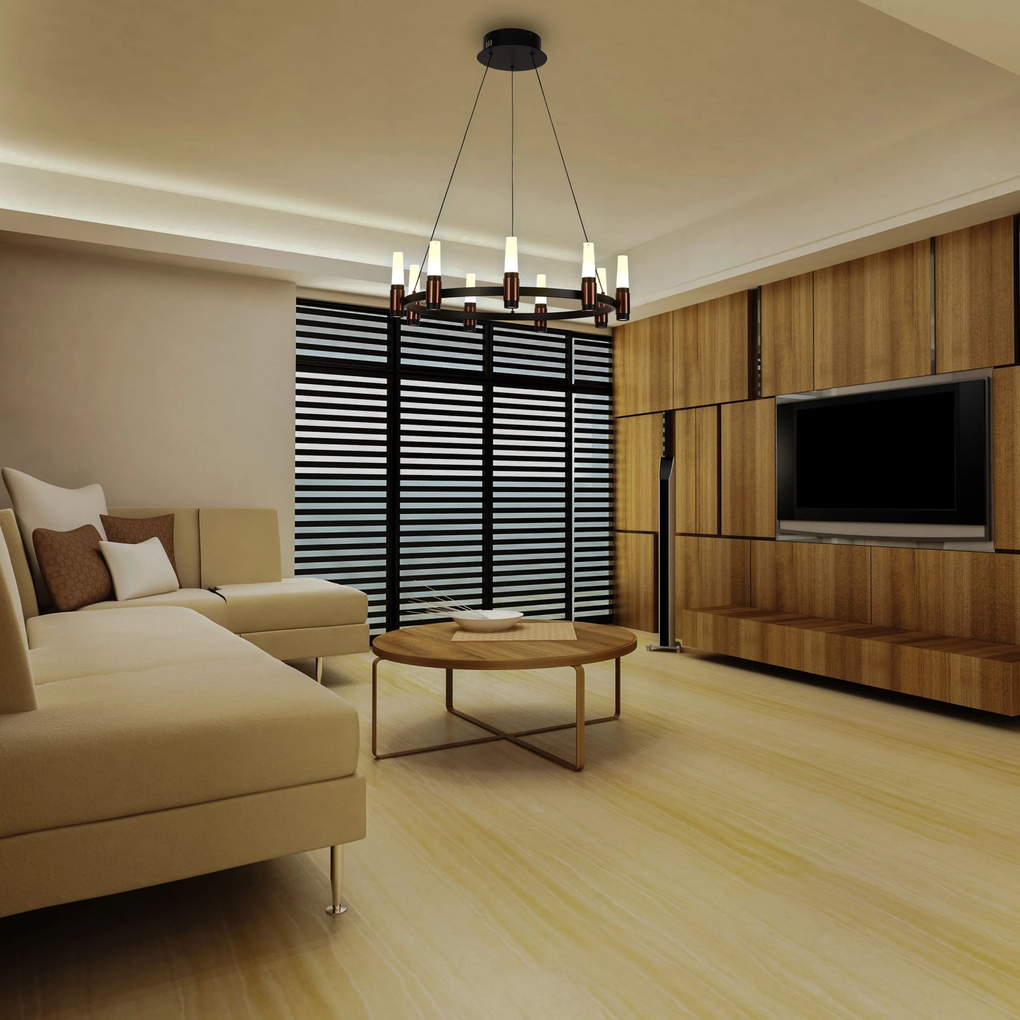 A modern living room with a statement chandelier, casting a warm, inviting glow over the seating area and complementing the natural light.