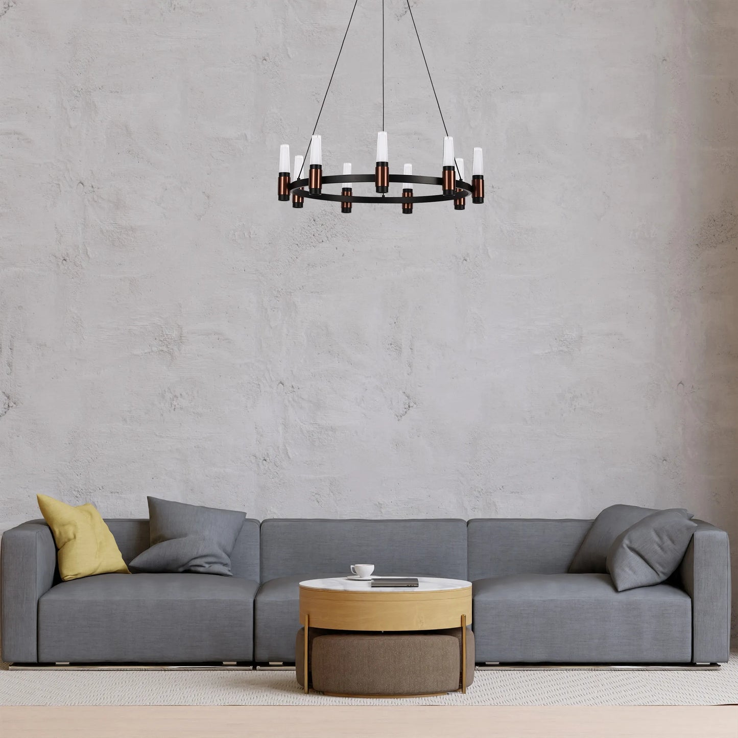 A modern ring chandelier with sleek, cylindrical lights creates a stylish focal point above a contemporary living space.