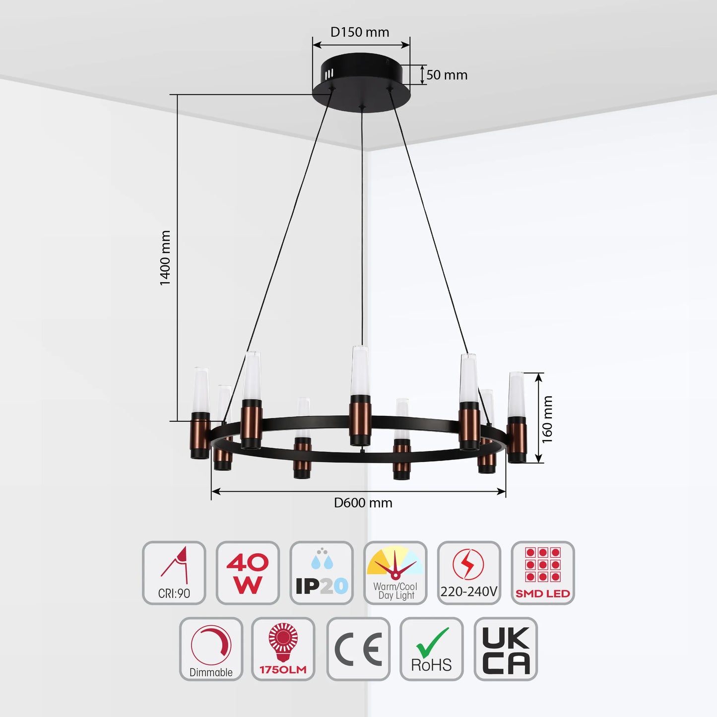A modern, circular chandelier with dimensions displayed, showcasing a sleek, contemporary design with LED lighting.