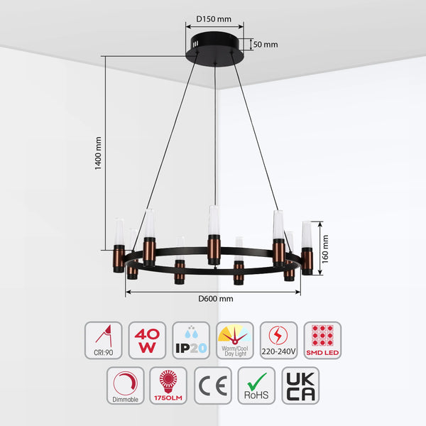 A modern, circular chandelier with dimensions displayed, showcasing a sleek, contemporary design with LED lighting.