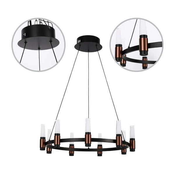 A modern circular chandelier with copper and black accents, suspended by black cables.