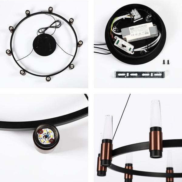 A stylish circular LED light fixture with copper accents and a modern design. Components and inner workings are also displayed.