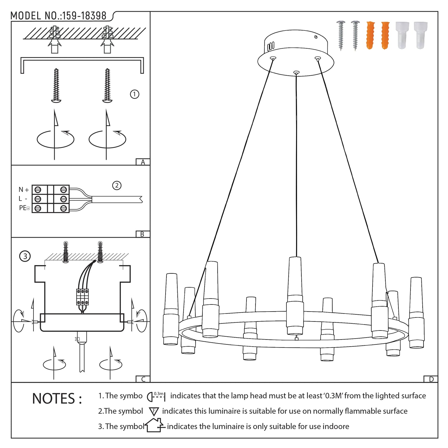 Technical diagram of a modern, round chandelier with multiple shades hanging from a central ring. Includes installation steps.