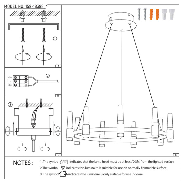 Technical diagram of a modern, round chandelier with multiple shades hanging from a central ring. Includes installation steps.