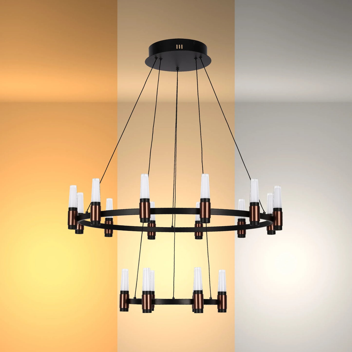 A modern two-tier chandelier with a black frame and copper accents, suspended by black cables.