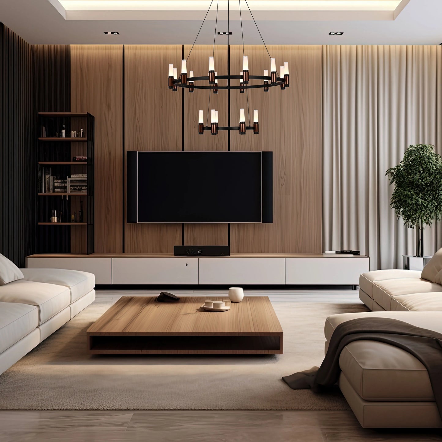 A modern living room with stylish circular chandelier hanging above a wood coffee table and white sofas.