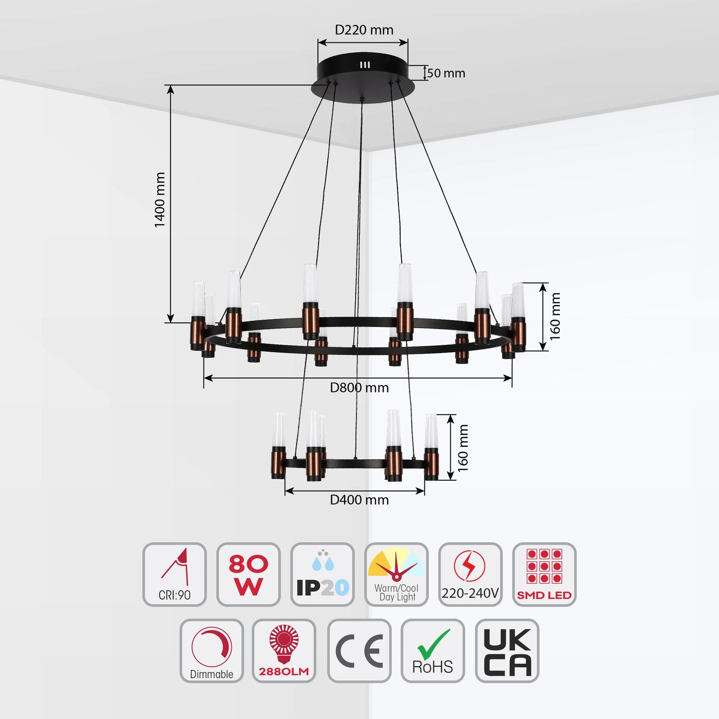 A modern 2-tier chandelier with dimensions, featuring an 80W warm/cool dimmable SMD LED with a height of 1400mm.