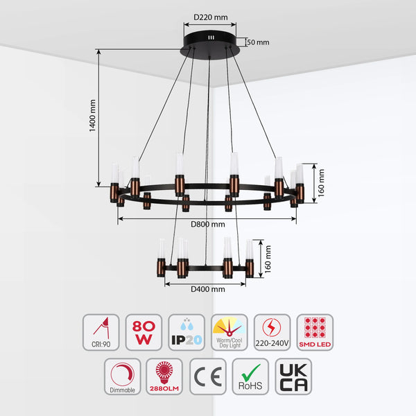 A modern 2-tier chandelier with dimensions, featuring an 80W warm/cool dimmable SMD LED with a height of 1400mm.