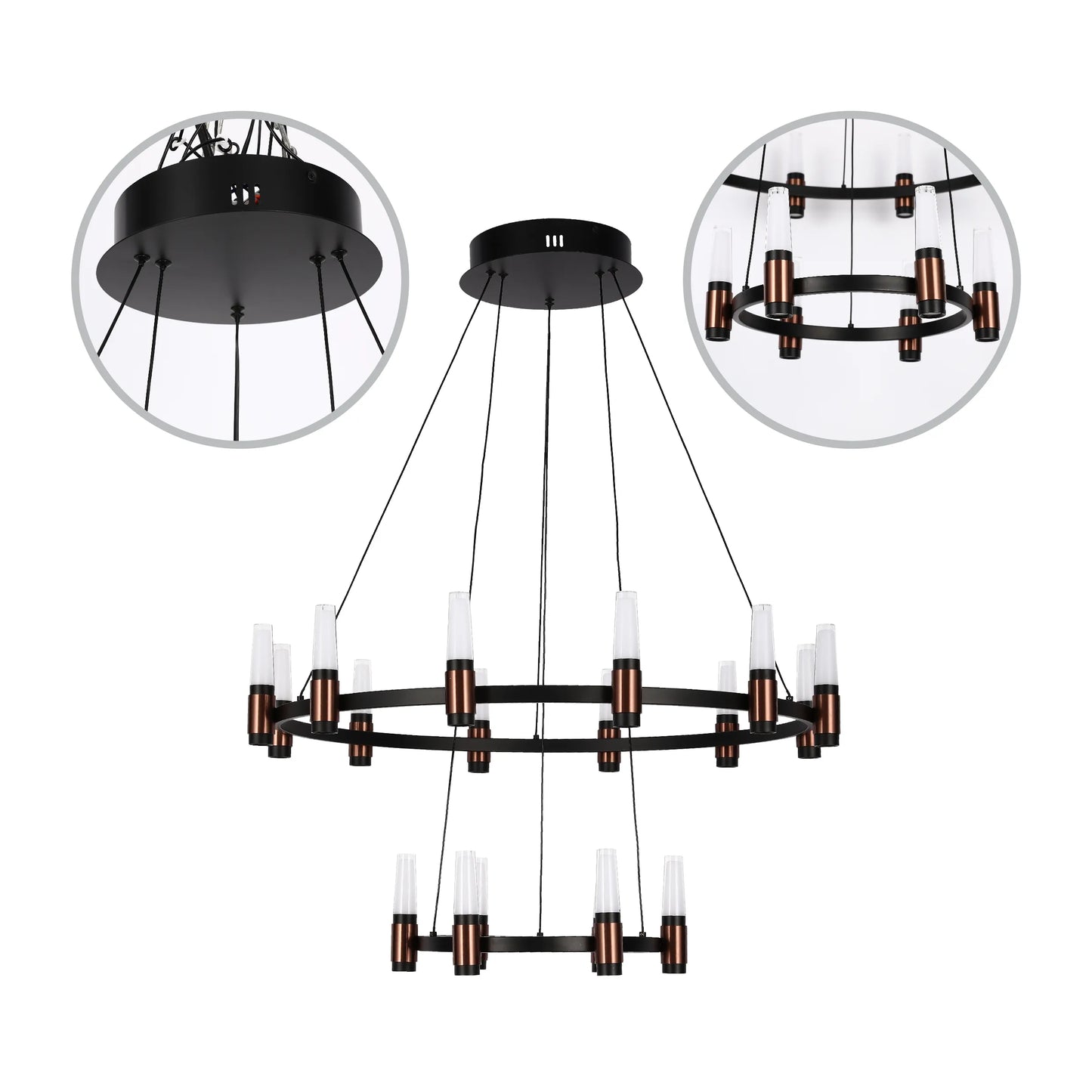 A two-tiered circular chandelier with cylindrical shades. Black metal frame with copper accents, suspended by black cables.