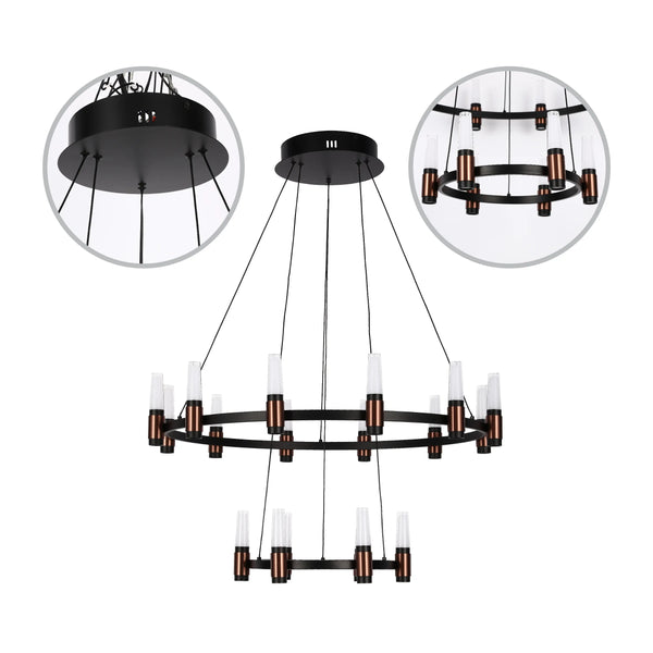 A two-tiered circular chandelier with cylindrical shades. Black metal frame with copper accents, suspended by black cables.