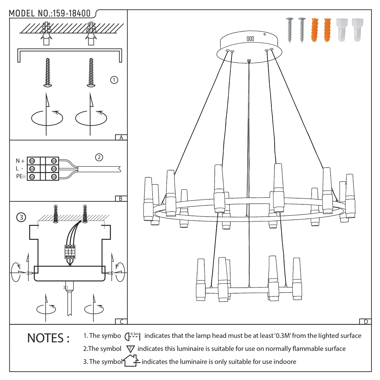 Line drawing diagram showing how to install a ceiling light fixture.