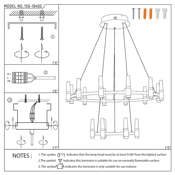 Line drawing diagram showing how to install a ceiling light fixture.