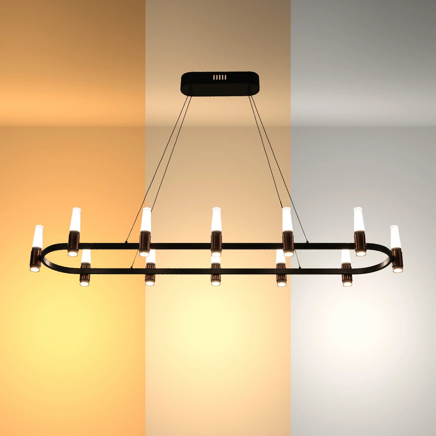 Modern elongated chandelier with warm, cool, and neutral light, displaying colour temperature options.