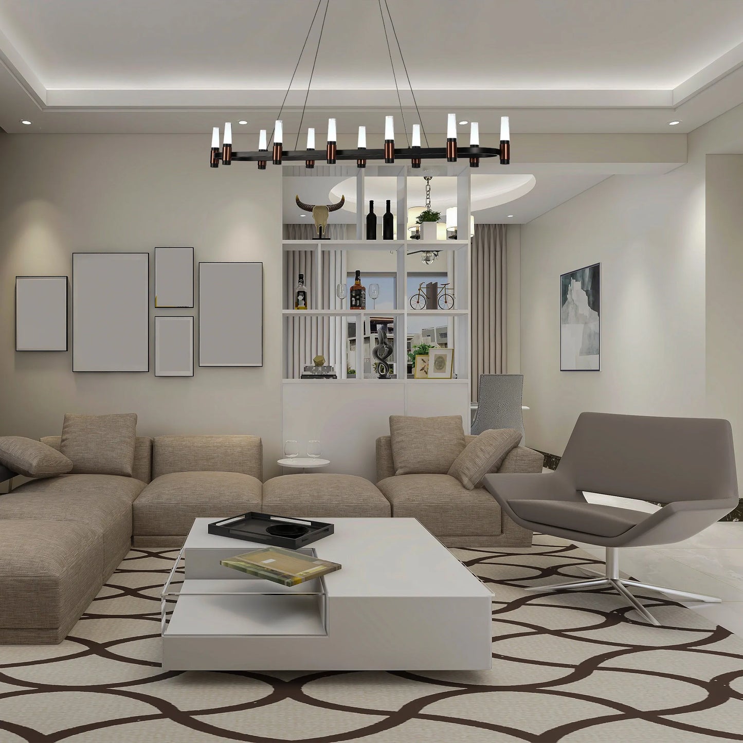 A modern chandelier with white shades hangs above a contemporary living room with recessed ceiling lights.