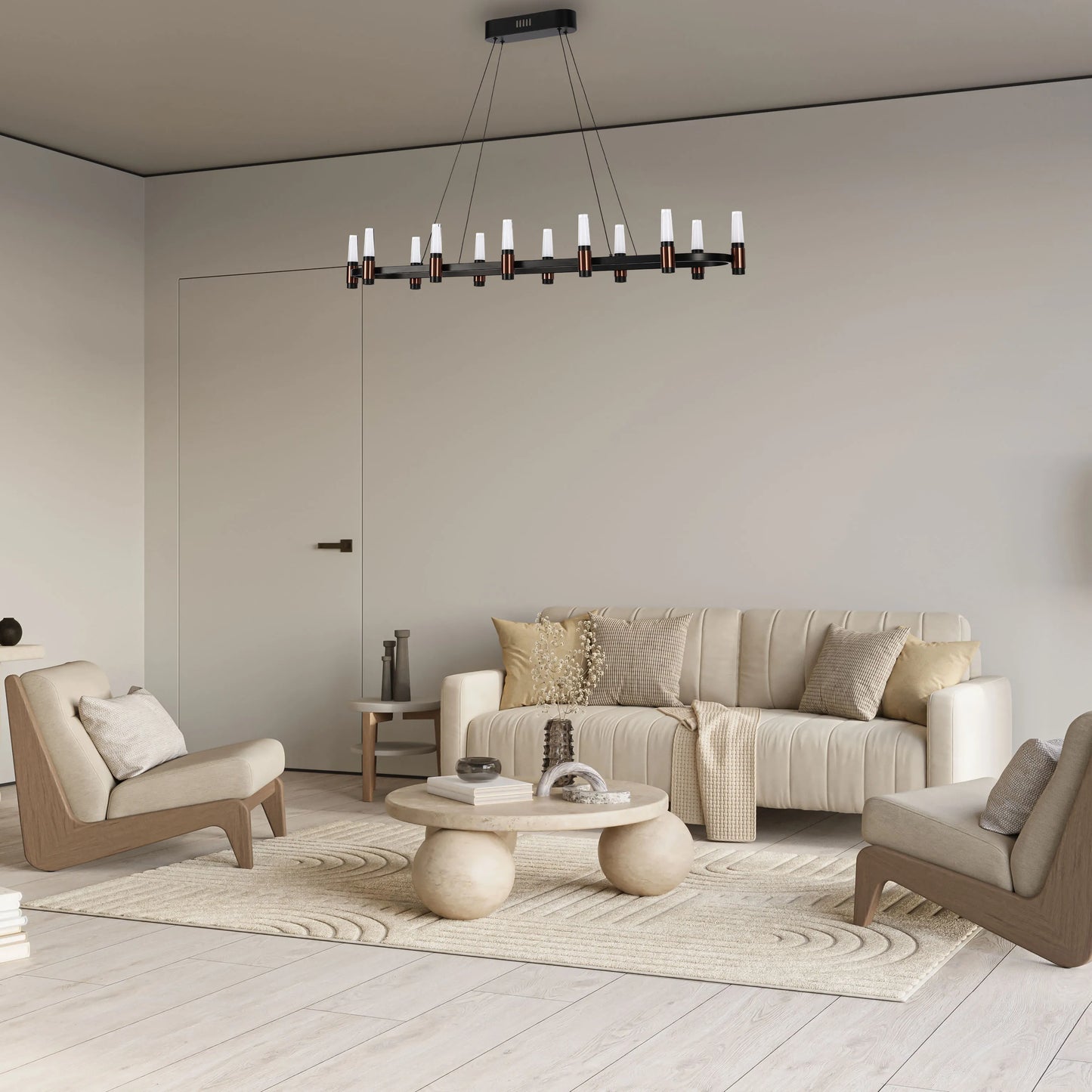 A modern ring-shaped chandelier with a sleek black finish, featuring cylindrical lights. Contemporary lighting for a stylish interior.